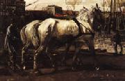 George-Hendrik Breitner Two White Horses Pulling Posts in Amsterdam oil on canvas